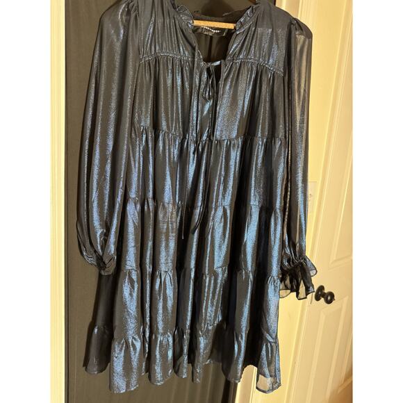 Code x Mode Metallic‎ Blue Tiered Dress Loose Fit Long Sleeve Size S Fairy - Picture 5 of 7